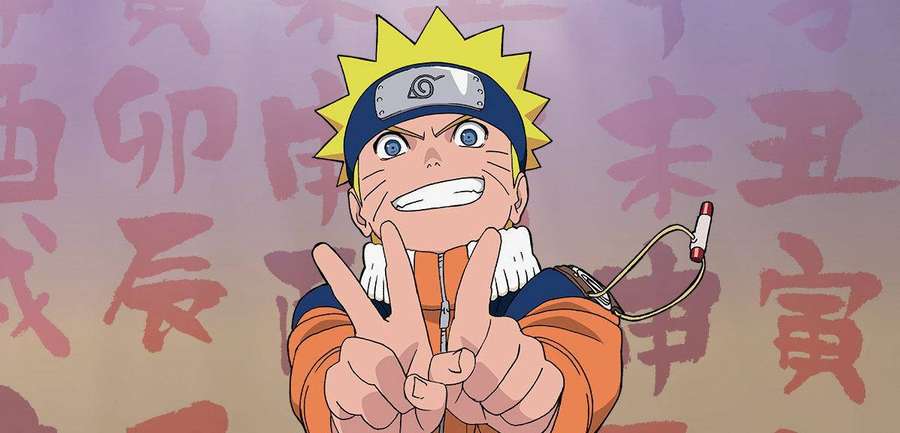 Anime ninja boy in orange jacket making peace sign with both hands. — Naruto Smile Wallpaper