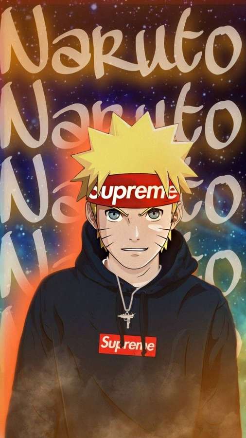 Naruto con una sudadera negra Supreme contra un fondo cósmico estrellado. — Naruto Supreme Fondos de pantalla