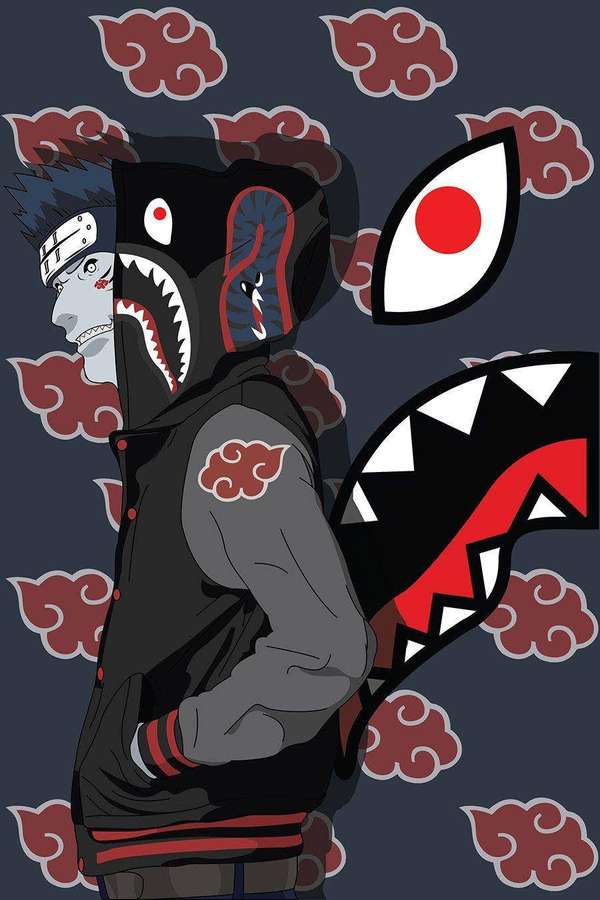 Ninja de anime em moletom preto com boca de tubarão e símbolos de nuvens vermelhas. — Naruto Supremo Papéis de Parede
