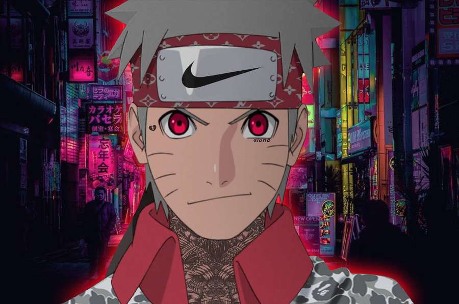 Anime character with red eyes in a neon-lit urban night scene. — Naruto Swag Wallpaper