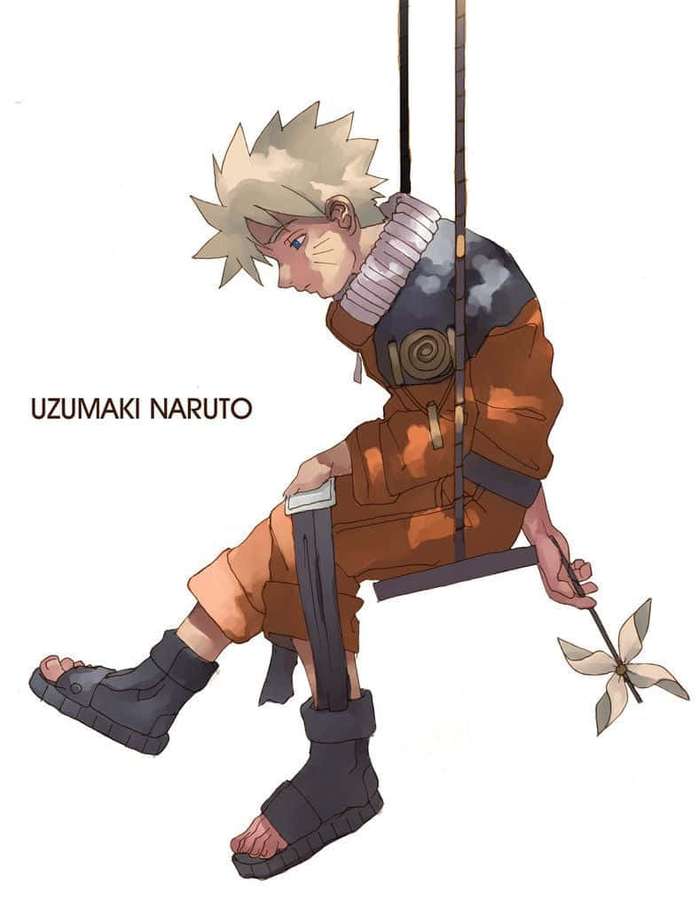 Naruto Uzumaki sits on a swing holding a paper windmill. — Naruto Swing Background