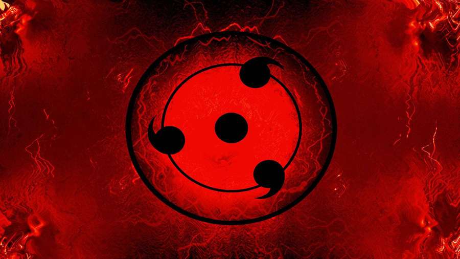 Rotes Sharingan-Augen-Symbol mit drei Tomoe-Wirbeln auf feurigem Hintergrund. — Naruto Symbol Wallpaper