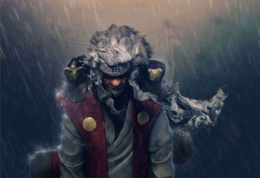 Una figura encapuchada con largo cabello gris y compañeros rana se encuentra en un callejón lluvioso. — Naruto Verde Fondos de pantalla