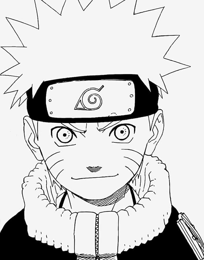 Anime-Charakter Naruto Uzumaki im schwarz-weißen Linienkunststil mit Stirnband und pelzgefütterter Jacke. — Naruto Weiß Wallpaper