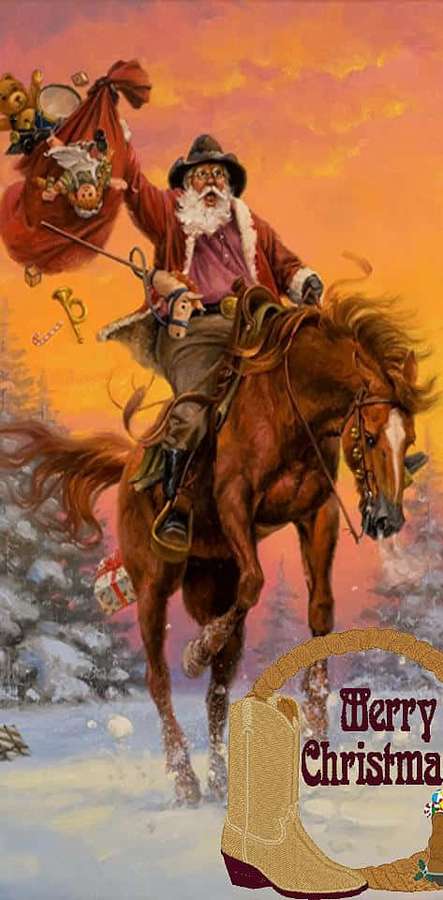 Papai Noel em um cavalo entregando brinquedos em uma floresta nevada ao pôr do sol. — Natal de caubói Papéis de Parede