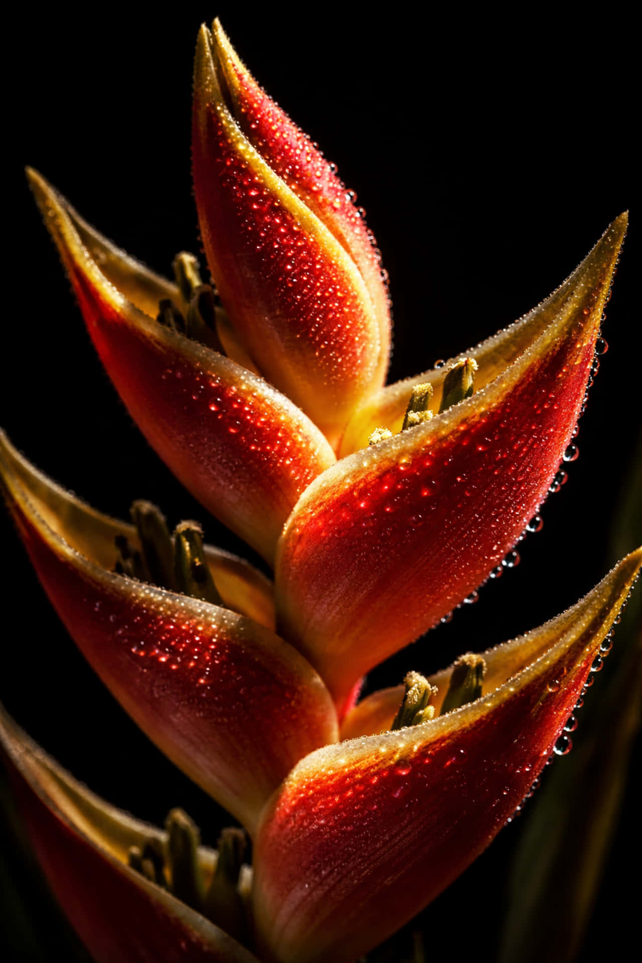 Close-up of a red heliconia flower with dew drops on dark background — Native Picture