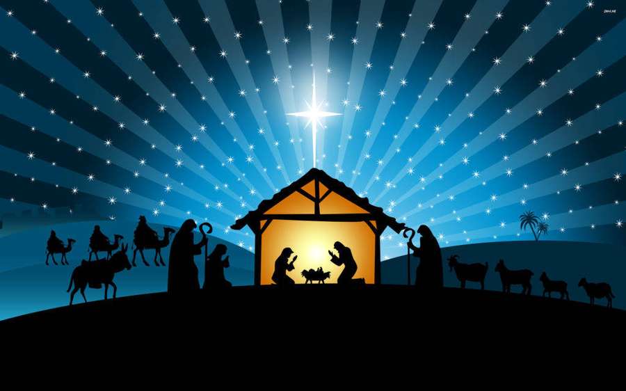 Nativity scene with silhouettes of Mary Joseph baby Jesus shepherds camels and goats under a starry night sky. — Nativity Background