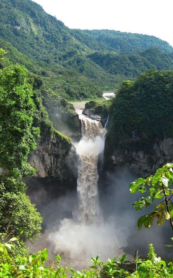 A majestic waterfall plunges through a dense green jungle creating a misty spray. — Nature Vertical Wallpaper