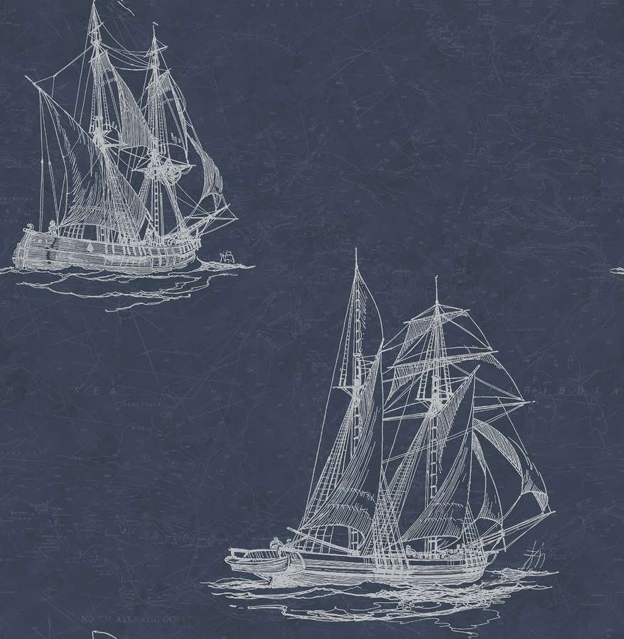 Zwei vintage Segelschiffe in weißer Linienkunst auf einem blauen nautischen Kartenhintergrund. — Nautisch Bild Hintergrundbild