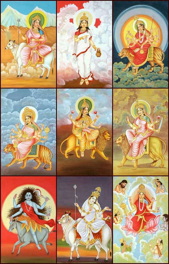 Neun hinduistische Göttinnen in bunten Illustrationen, jede auf einem anderen Tier reitend. — Navy Durga Wallpaper
