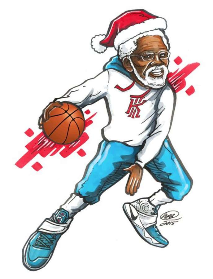 Iäkäs mies joulupukin hatussa kuljettaa koripalloa punaisilla liikelinjoilla. — NBA Joulua Taustakuvat