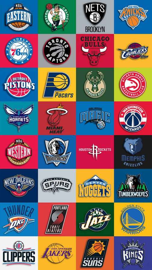 Grid of NBA team logos in colorful squares — NBA Team Logos Wallpaper
