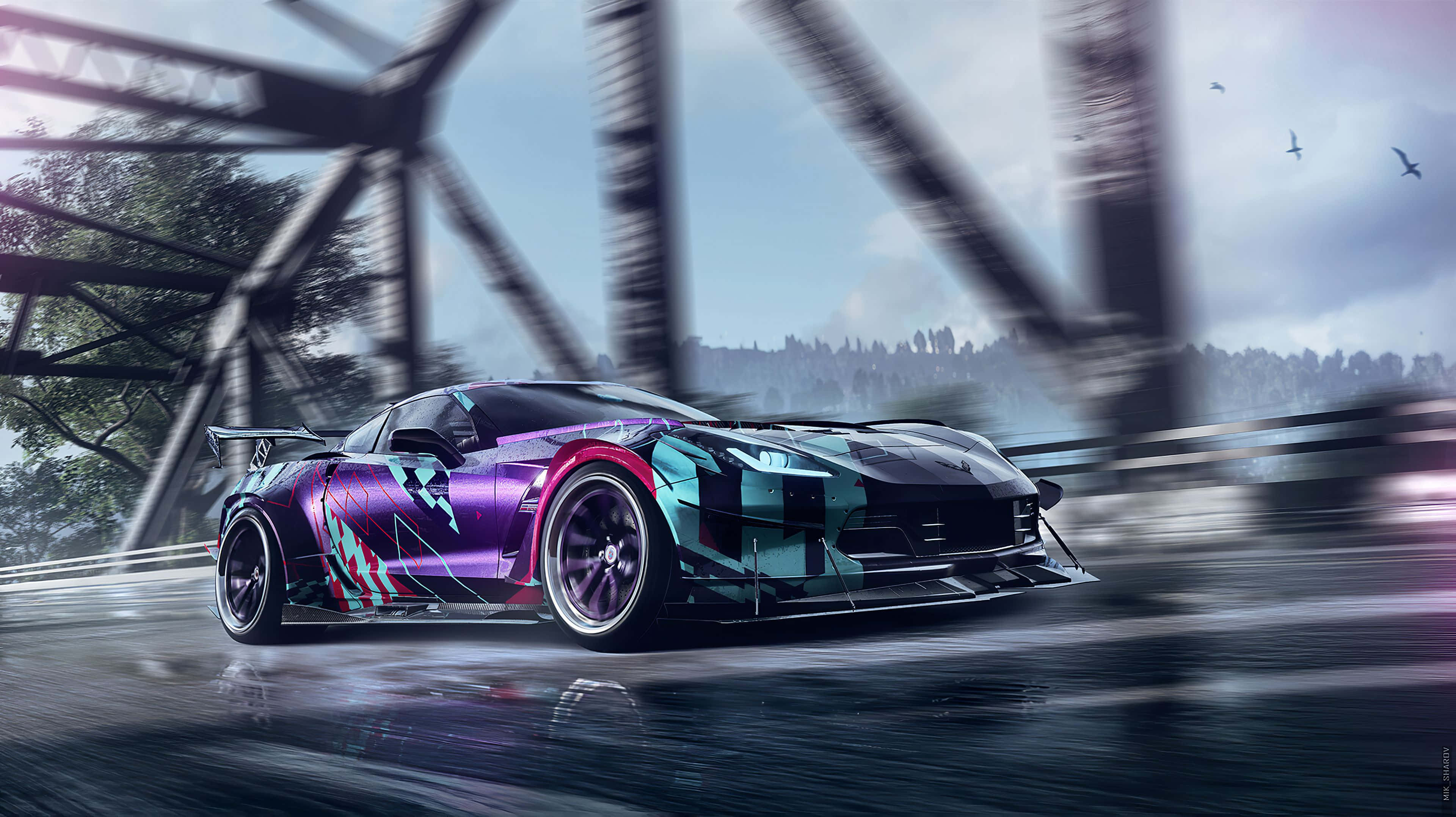 Värikäs kilpa-auto kiitää märällä sillalla liikesumennuksen kanssa. — Need For Speed 4K Taustakuvat