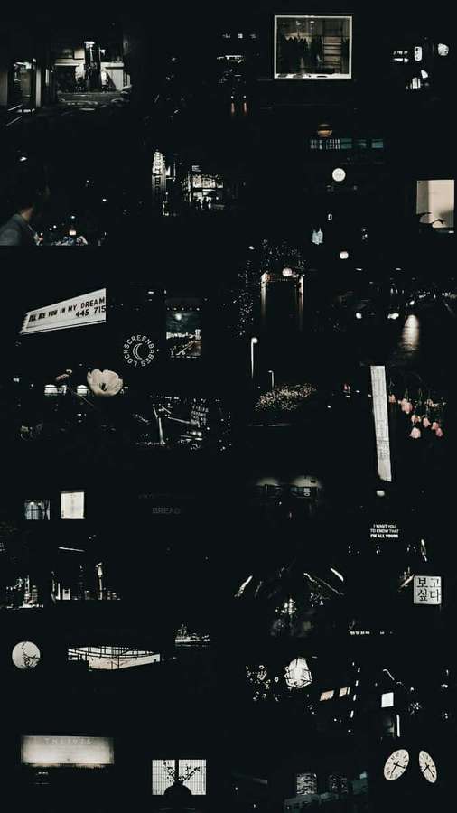 Collage nocturno urbano oscuro con letreros brillantes y calles mojadas. — Negro Retro Fondos de pantalla