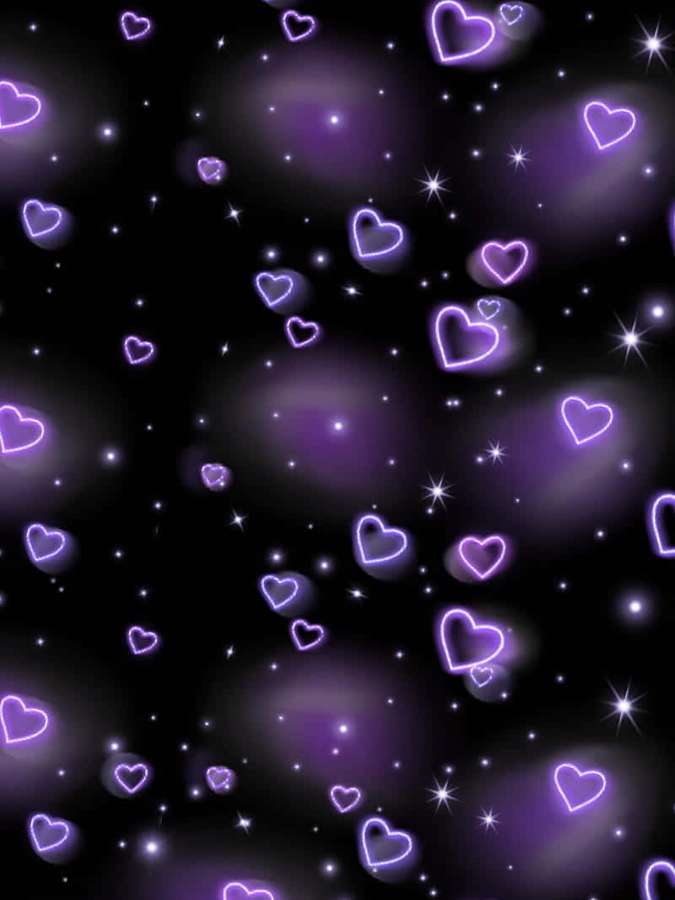 Corazones morados de neón flotantes entre estrellas brillantes en una escena cósmica oscura. — Negro y Morado Fondos de pantalla