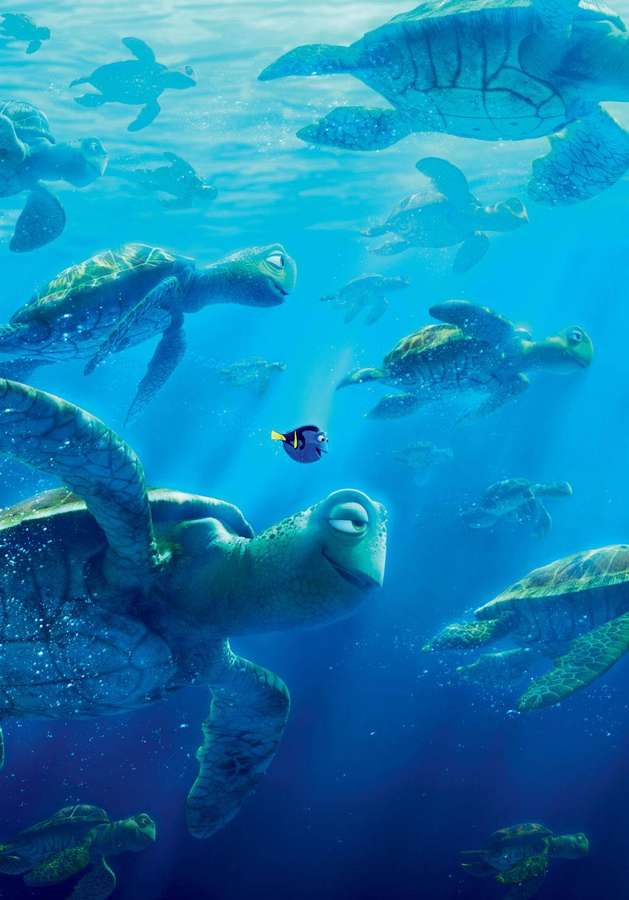 Tortugas marinas animadas y un pez pequeño nadan juntos en aguas oceánicas azules y claras. — Nemo Fondos de pantalla