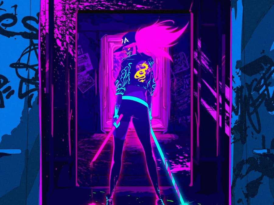 Anime character with pink hair and glowing swords in neon-lit urban corridor. — Neon Anime Wallpaper