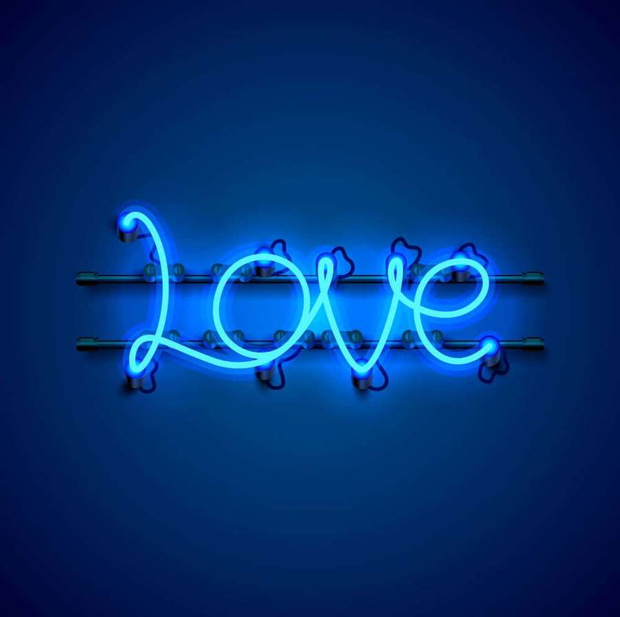 Blue neon sign with the word love mounted on a dark blue wall. — Neon Blue Background
