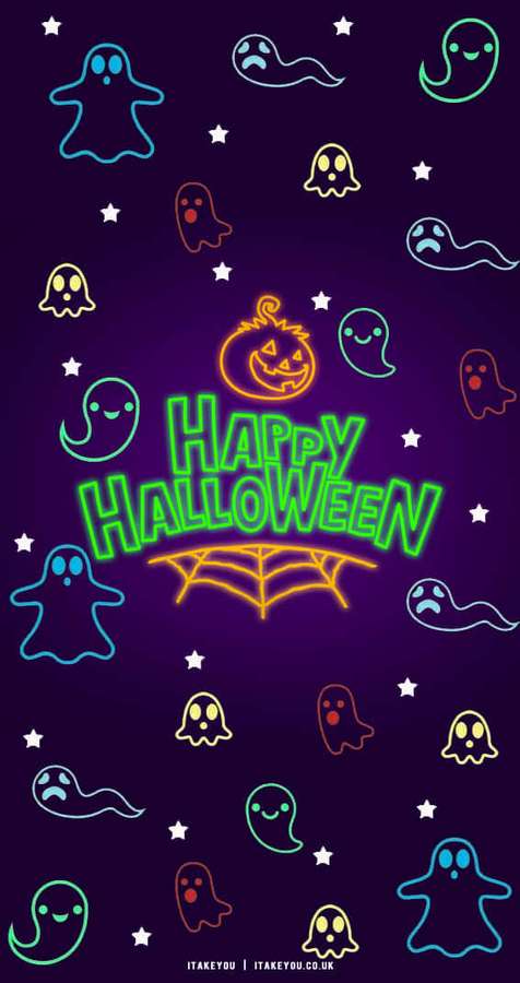 Happy Halloween neon glowing ghosts and pumpkin on dark purple background with stars — Neon Halloween Wallpaper