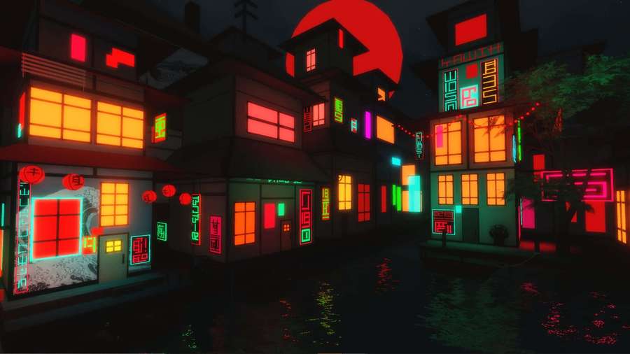Neonbeleuchtete japanische Straße bei Nacht mit leuchtenden Schildern und roter Mondreflexion. — Neon House Wallpaper