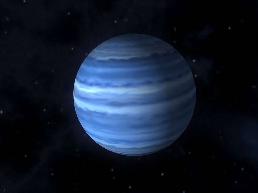 A blue gas giant planet with swirling clouds in deep space among distant stars. — Neptune Wallpaper