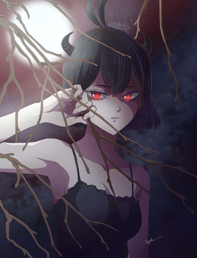 Anime girl with red eyes and horns peering through bare branches at night. — Nero Black Clover Wallpaper