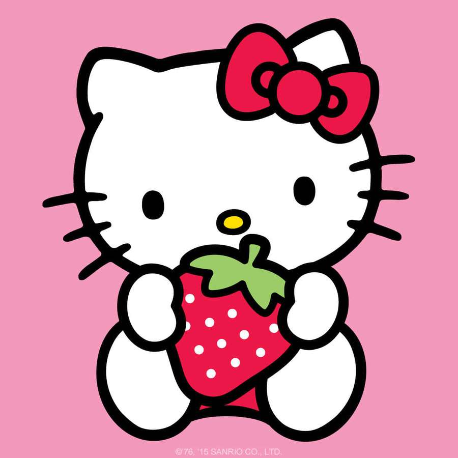 Hello Kitty hält eine Erdbeere mit einer roten Schleife auf rosa Hintergrund. — Nettes Pfp Wallpaper