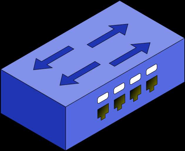Blue network switch with data flow arrows and ethernet ports — Network PNG