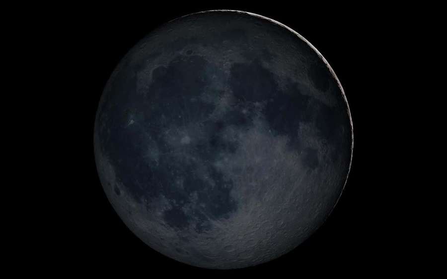 Eine detaillierte Ansicht der Mondoberfläche mit Kratern und Schatten vor einem schwarzen Himmel. — Neumond bilder