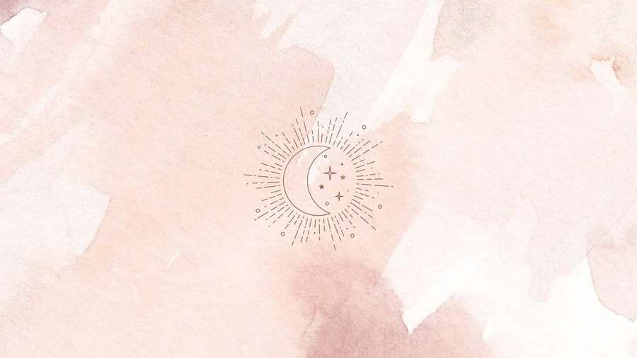 A crescent moon with stars and rays on a soft pink watercolor background. — Neutral Desktop Wallpaper