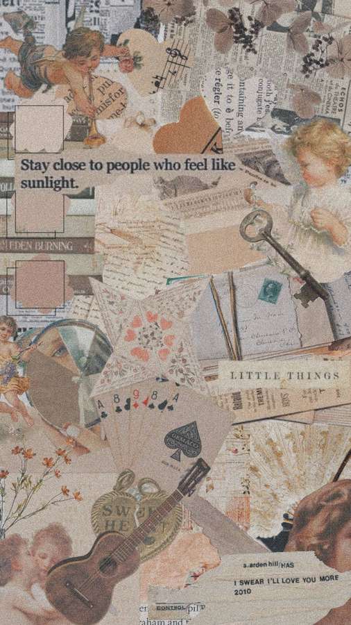 Vintage collage with cherubs guitars cards and handwritten quotes on aged paper. — Neutral iPhone Wallpaper