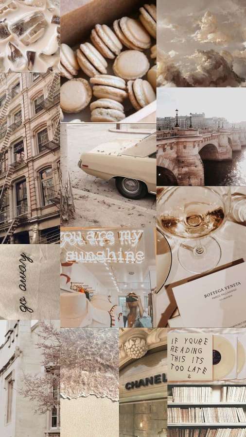 Eine beigefarbene Collage mit Macarons, Weingläsern, Chanel-Beschilderung und alten Autos. — Neutrale Farben Wallpaper
