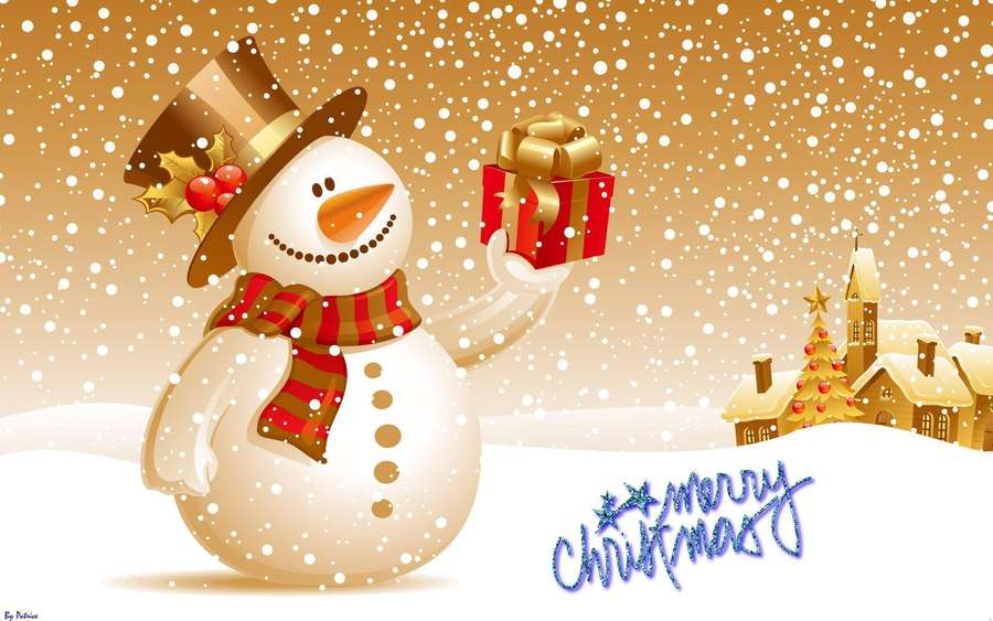 Boneco de neve segurando presente em vila nevada com árvore de Natal e texto 'Feliz Natal'. — Neve caindo Papéis de Parede