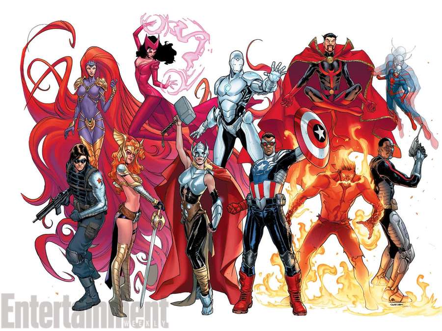 Group of nine comic book superheroes in action poses with red energy effects. — New Avengers Wallpaper