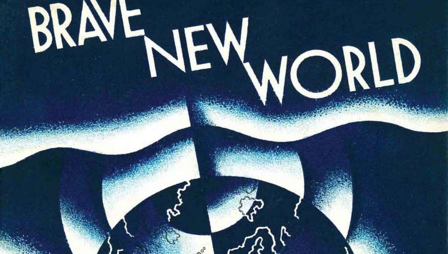 Book cover art for Brave New World with globe and waves in blue and white. — New World Background