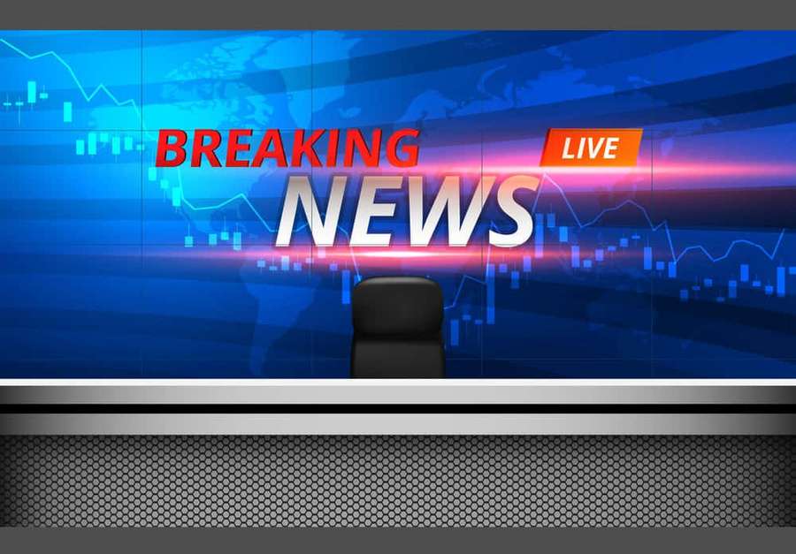 Breaking news studio with anchor chair and financial charts on screen. — News Background