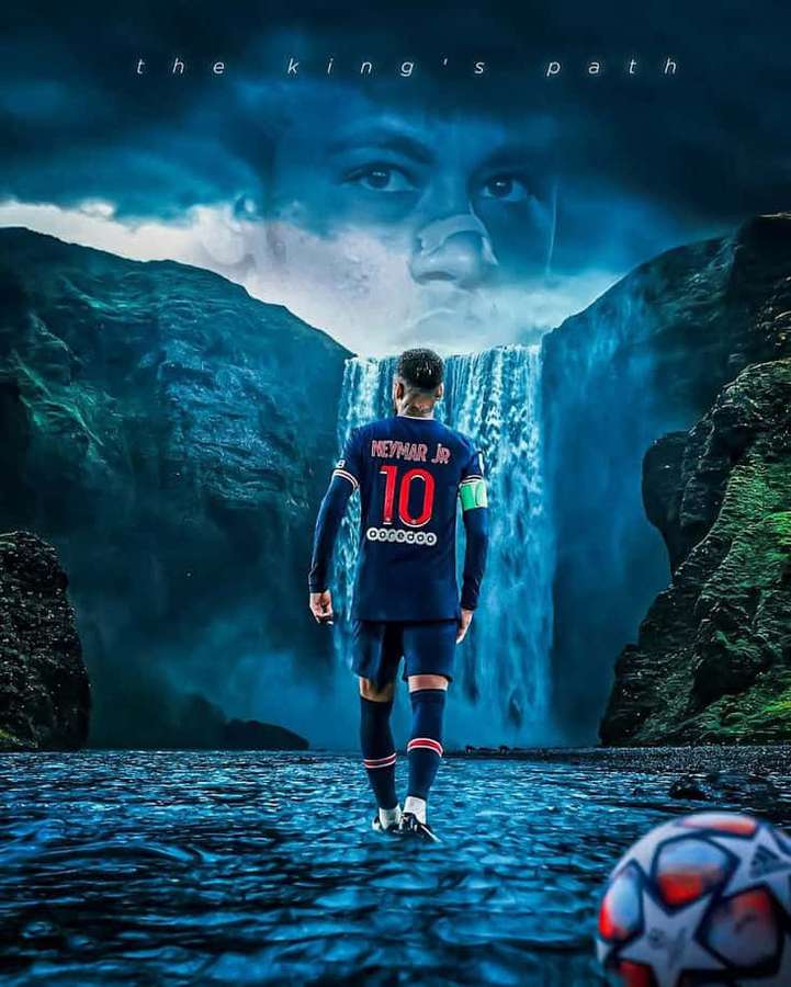 Fußballspieler Neymar Jr. geht auf einen Wasserfall zu, mit einem geisterhaften Gesicht über ihm. — Neymar Bilder