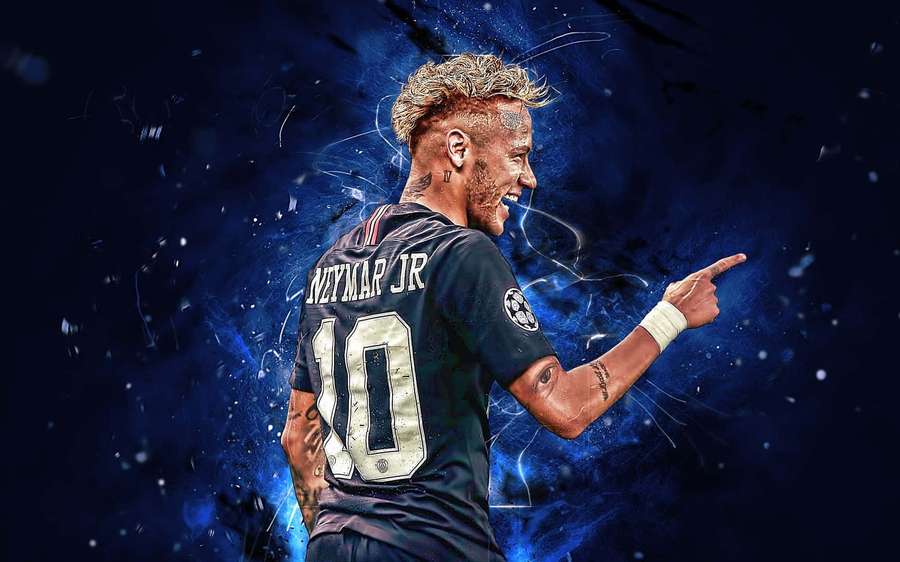 Neymar Jr in PSG jersey pointing with cosmic blue energy behind him. — Neymar Ultra HD Wallpaper