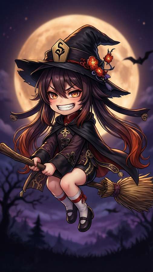Chibi Nezuko as a cute witch flying under a full moon. — Nezuko Chibi Wallpaper