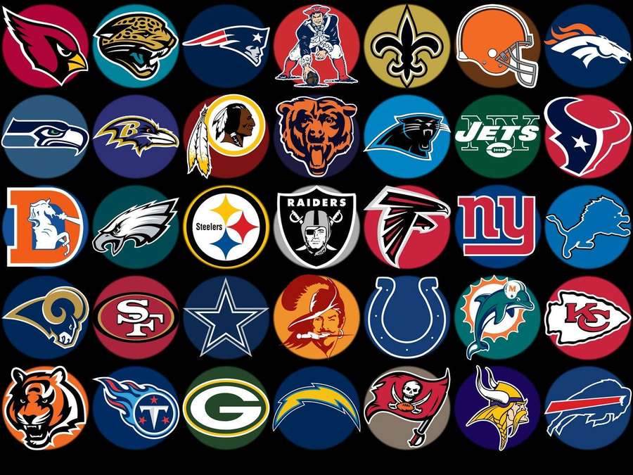 Collection of NFL team logos arranged in a grid on black background. — NFL Teams Background