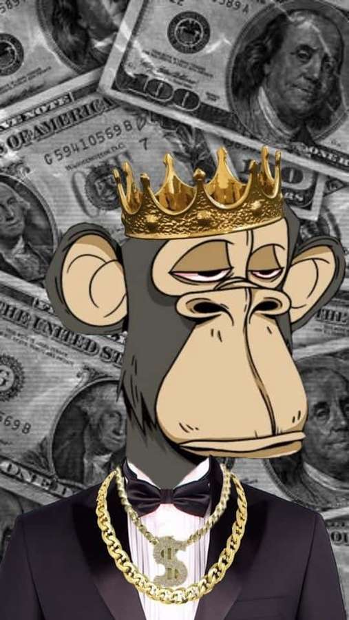Monyet berdasi dan bermahkota dikelilingi uang dolar — Nft Monkey Wallpaper