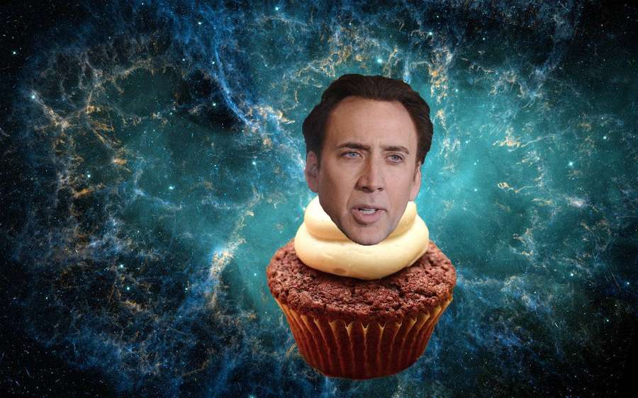 Nicolas Cages Kopf auf einem Cupcake schwebt im Weltraum — Nicolas Cage Bilder
