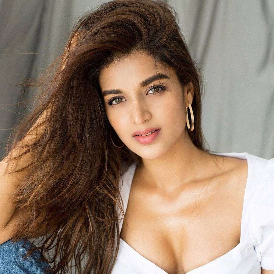 Woman with long brown hair and gold hoop earrings wearing a white top. — Nidhi Agarwal Wallpaper