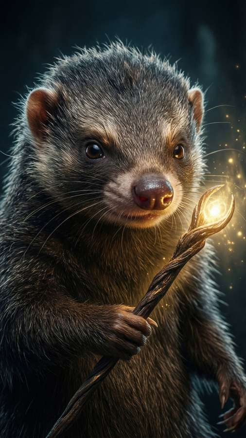 A Niffler holds a glowing wand, casting lumos, with light illuminating its face. — Niffler Wallpaper