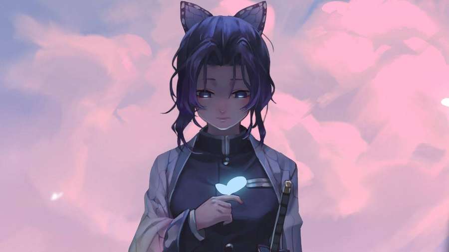 Anime-Mädchen mit Katzenohren hält leuchtenden Schmetterling in rosa Himmel — Nightcore Bilder