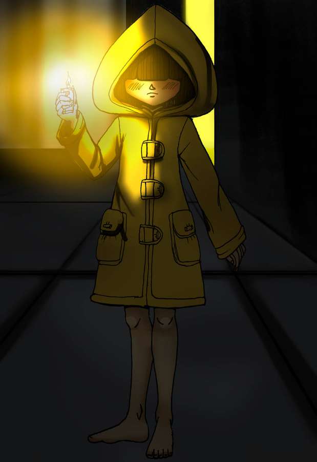 Anime-figur i gul jakke holder lysende genstand i mørk gang. — Nightmares Wallpapers