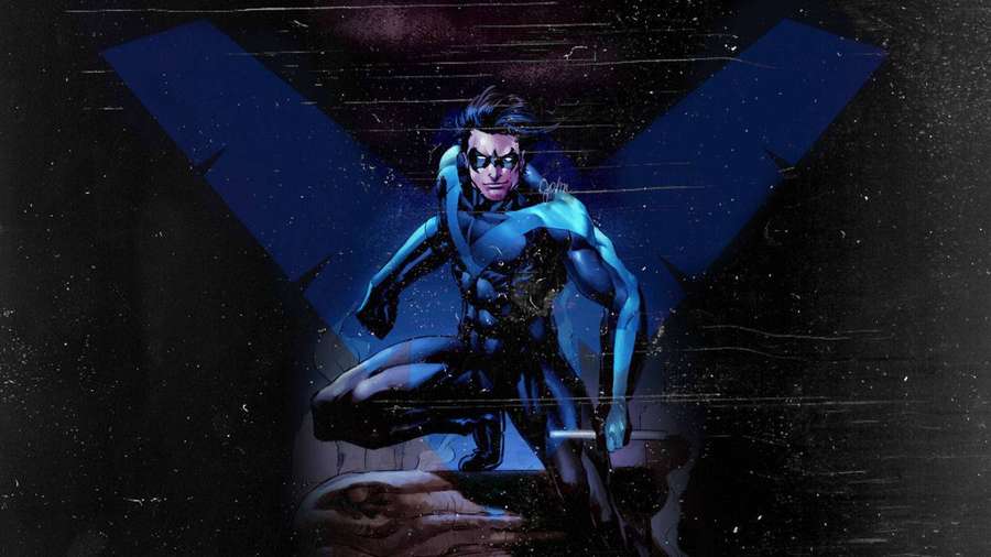 A blue-clad superhero in a crouching pose with a glowing X symbol behind him. — Nightwing Background