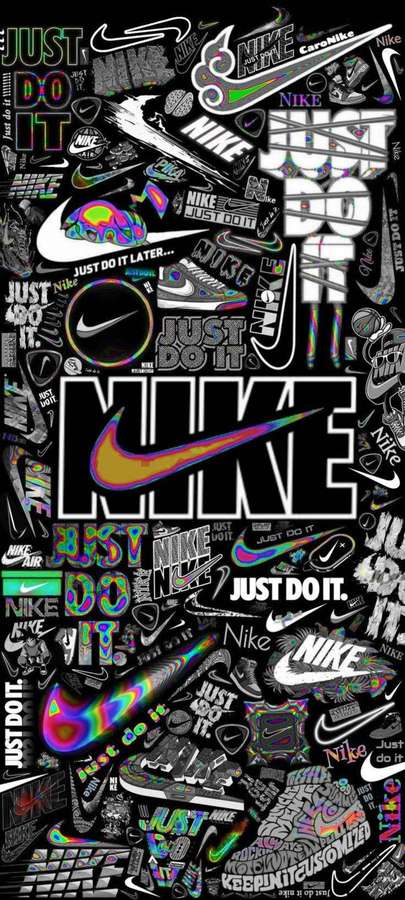 Wallpaper-Collage aus Nike-Logos, Slogans und Sneakern in Regenbogenfarben auf Schwarz. — Nike Bilder
