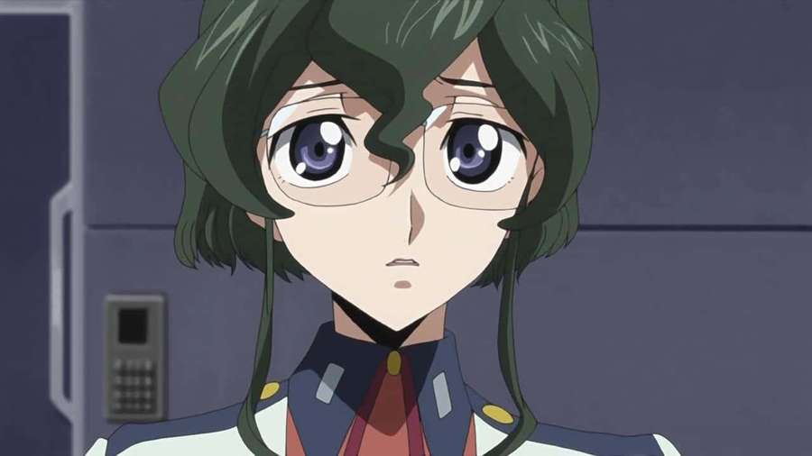 Anime girl with green hair and glasses in a military uniform looking serious. — Nina Einstein Wallpaper