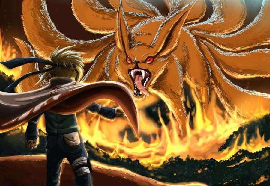 Ninja confronts giant nine-tailed fox in fiery anime battle scene. — Nine Tailed Fox Background